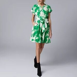 Simply Vera Vera Wang Floral V Neck Tie Front Mini Dress, Small, Green/ …